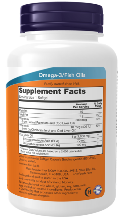NOW FOODS - Cod Liver Oil 1000 mg (Huile de foie de morue) 180 Softgels – Image 2