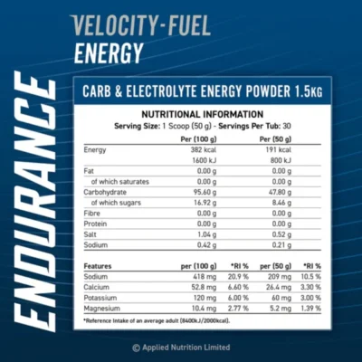 Applied Nutrition –Endurance Energy & Hydration Powder 1.5kg Lemon Lime  –  30 Serving – Image 2